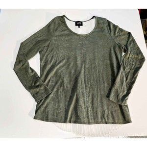 Womens Large Open Back Lace Up Top Green Sweater White Pleated Shirt